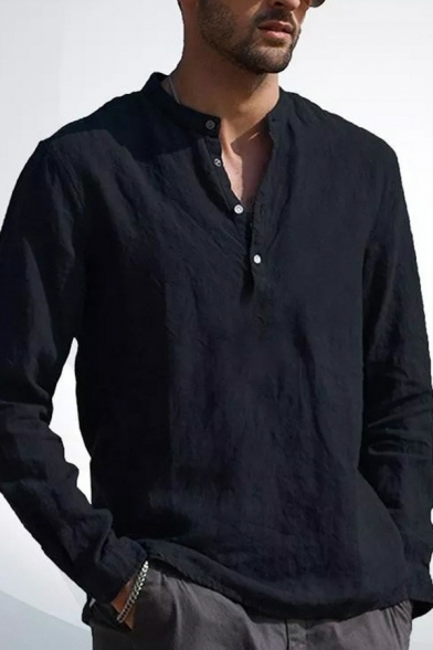 Modern Mens Shirt Plain Long Sleeve V-Neck Regular Fit Button Shirt
