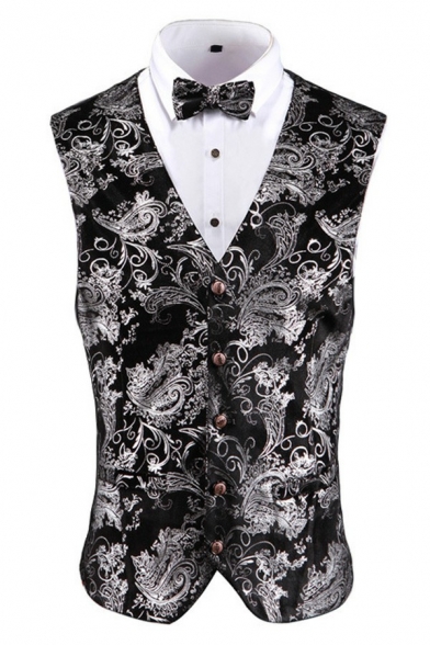 Modern Suit Waistcoat Jacquard Print V-Neck Sleeveless Skinny Button Fly Suit Vest for Men