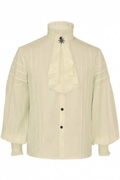 Retro Mens Shirt Plain Button Closure Stand Collar Regular Fit Shirt