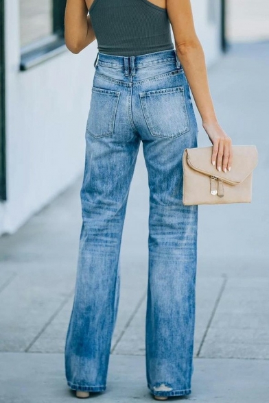 Street Look Girls Jeans Lightwash Blue Zip Fly Mid Waist Ripped Wide Leg Denim Pants