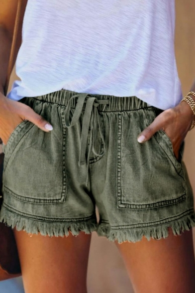 Street Look Ladies Shorts Drawstring Elastic Waist Faded Wash Fringe Hem High Rise Regular Fit Denim Shorts