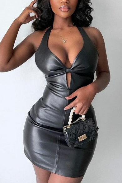 Stylish Womens Dress PU Leather Plain Halter Hollow Sashes Mini Bodycon Dress