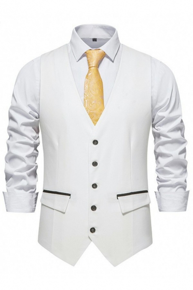 Boyish Suit Vest Pure Color Flap Pocket Skinny V Neck Button-up Suit Vest for Guys