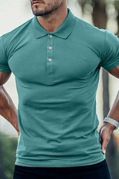 Casual Mens Polo Shirt Plain Button Closure Spread Collar Slim Fit Polo Shirt