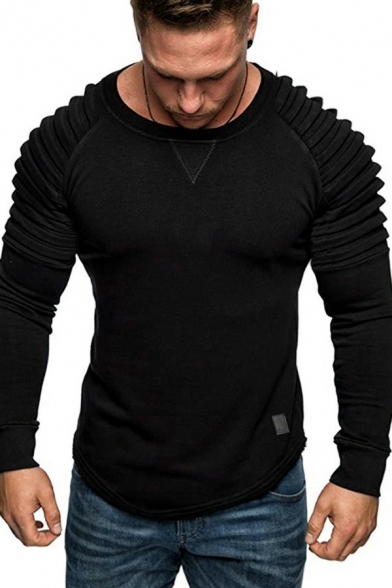 Casual Mens Sweatshirt Pure Color Round Neck Long-Sleeved Slim Fitted Sweatshirt