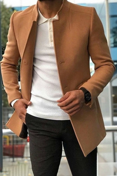 Cozy Mens Blazer Pure Color Pocket Long Sleeve Regular Stand Collar Button Closure Blazer