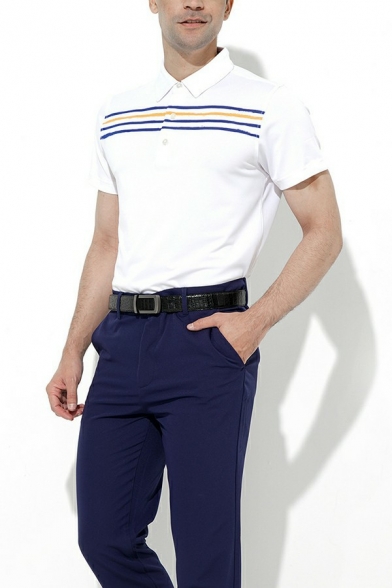 Dashing Mens Polo Shirt Stripe Print Button Detail Turn-down Collar Regular Fit Polo Shirt in White