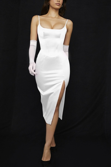 Elegant Ladies Dress Plain Spaghetti Straps Split Hem Midi Slip Dress