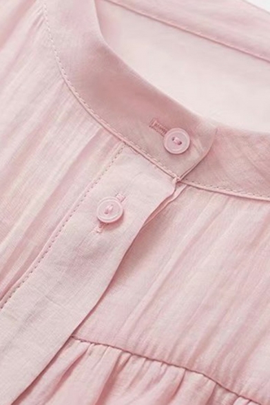 Elegant Ladies Shirt Plain Stand Collar Button Downs Long Sleeve Ruffle Cropped Shirt