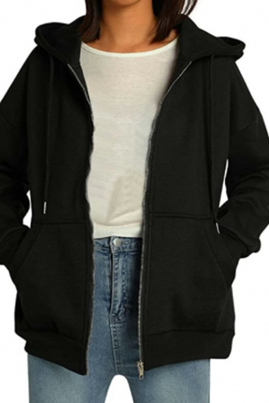 Leisure Womens Hoodie Solid Color Drawstring Zip Up Front Pockets Long Sleeve Oversized Hoodie