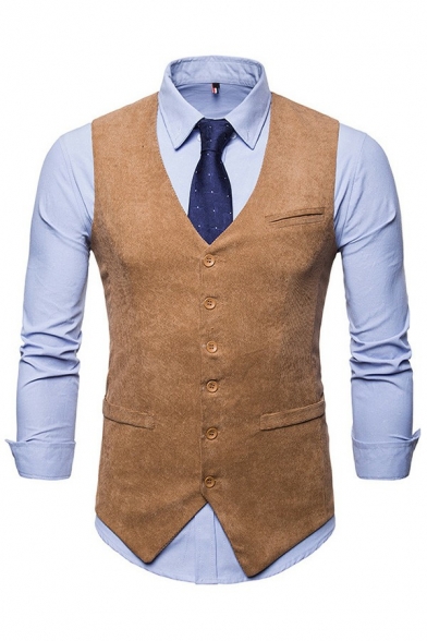Men's Casual Corduroy Suit Vest Plain Button Closure V-Neck Regular Fit Suit Vest