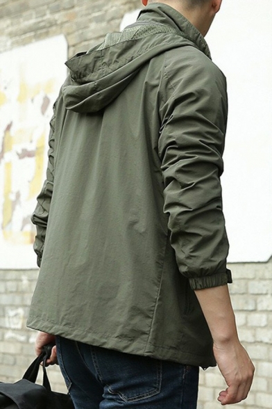 Popular Guys Coat Pure Color Long Sleeve Hooded Regular Pocket Detailed Zip Down Jacket