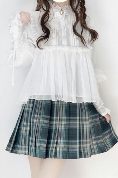 Retro Girls Shirt Plain Stand Collar Bow Long Sleeve Sashes Ruffle Lace Relaxed Blouses