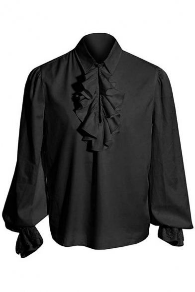 Retro Mens Shirt Plain Lace Ties Turn-down Collar Regular Fit Shirt