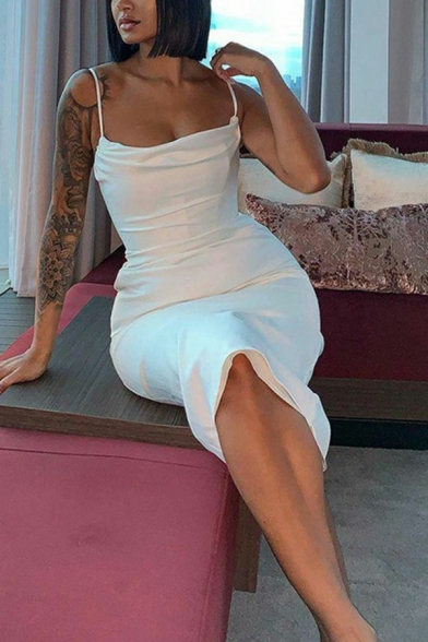 Sexy Womens Bodycon Dress Plain Spaghetti Straps Draped Slim Fit Midi Cami Dress