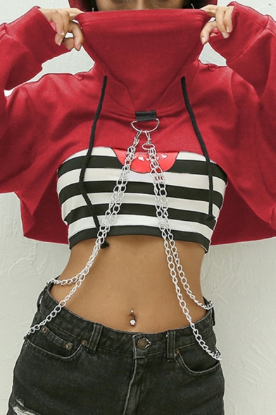 Sexy Womens Cropped Hoodie Drawstring Solid Color Long-Sleeved Hoodie with Chain Decoration