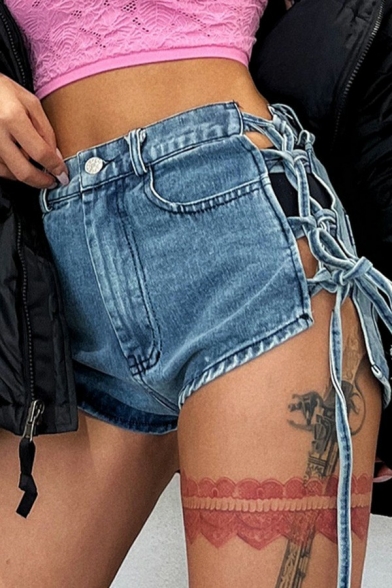 Sexy Womens Shorts Lace Up Side Faded Wash Zipper Fly High Rise Slim Fitted Denim Shorts