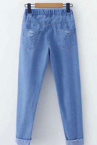 Simple Womens Jeans Midwash Blue Drawstring Waist Ripped Turn Up Straight Denim Pants