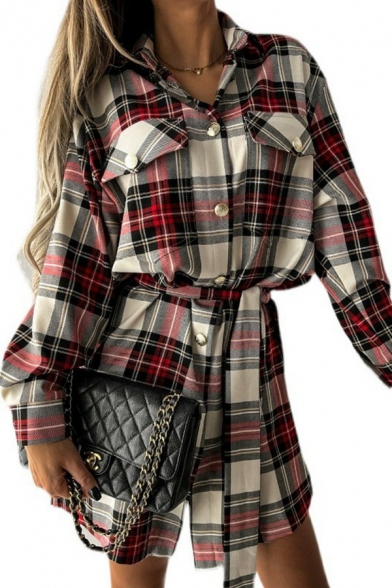 Stylish Womens Shirt Plaid Spread Collar Chest Pockets Button Downs Long Sleeve Lace-Up Tunics Shirt