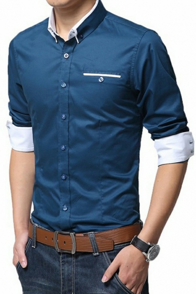 Unique Men Shirt Pure Color Long Sleeves Turn-down Collar Slimming Button Fly Shirt