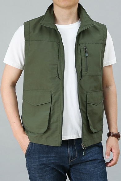 Vintage Guys Vest Stand Collar Pure Color Zip Closure Regular Fit Vest
