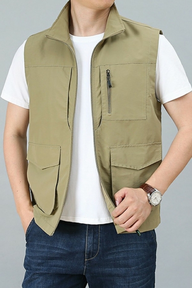 Vintage Guys Vest Stand Collar Pure Color Zip Closure Regular Fit Vest