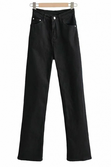 Basic Ladies Jeans Plain High Waist Zipper Up Full Length Slim Fit Bootcut Jeans