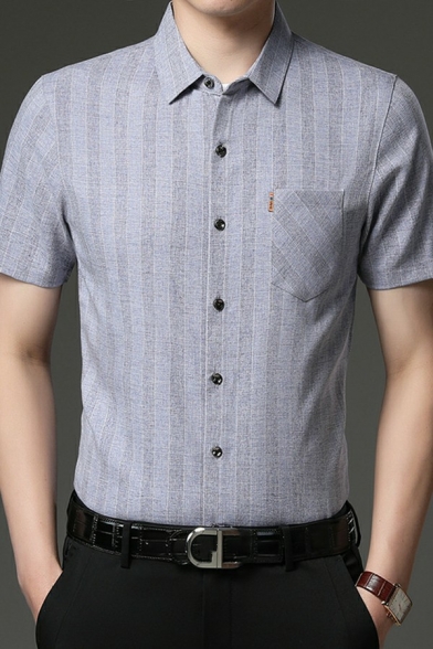 Basic Mens Shirt Stripe Print Short Sleeve Button Closure Turn-down Collar Regular Fit Shirt