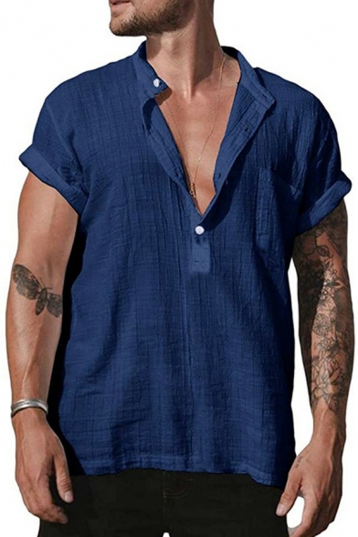 Basic Shirt Plain Short Sleeve Button Closure Collarless Regular Fitted Shirt for Men