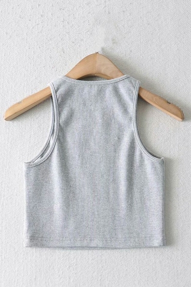 Casual Womens Crop Tank Round Neck Solid Color Knitted Tank Top