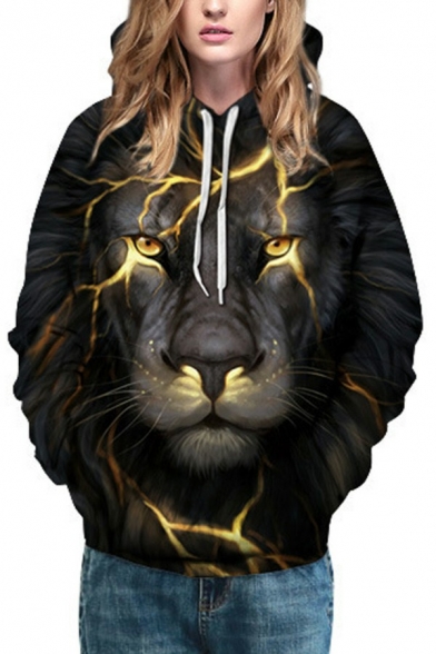 Creative 3D Lion Pattern Hoodie Drawstring Long Sleeve Regular Fit Hooded Sweatshirt for Ladies