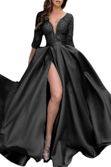 Elegant Evening Dress Deep V-Neck Split Detail Half Sleeve Sequined Patchwork Maxi Dress for Women