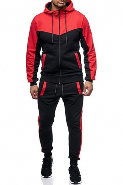 Guy's Cozy Co-ords Contrast Color Drawstring Long-Sleeved Hoodie with Pants Slimming Set