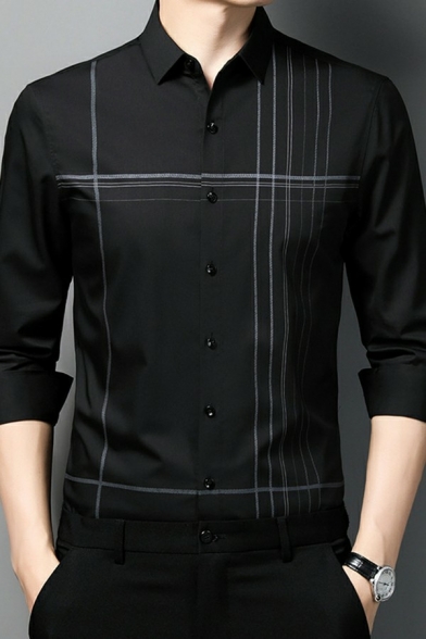 Guys Fashionable Shirt Stripe Print Long Sleeves Turn-down Collar Regular Button Up Shirt