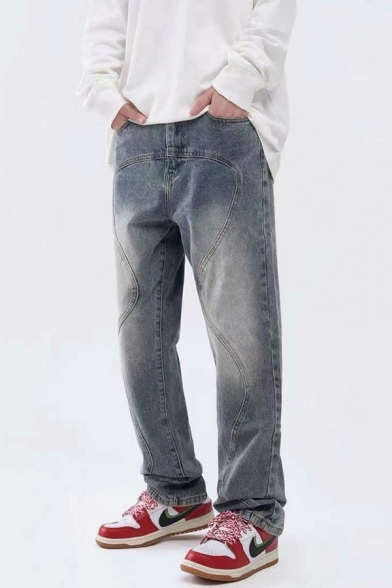 Men Creative Jeans Pure Color Whitening Detail Loose Full Length Mid Rise Zip down Jeans