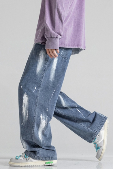 Mens Classic Jeans Ink Splash Print Pocket Long Length Loose Drawstring Mid Rise Jeans