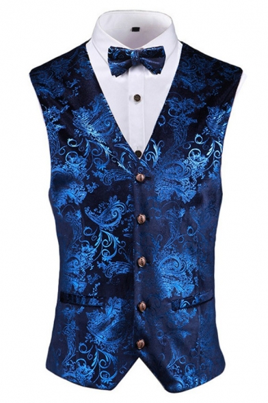Modern Suit Waistcoat Jacquard Print V-Neck Sleeveless Skinny Button Fly Suit Vest for Men