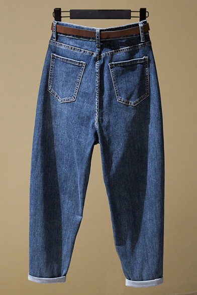 Simple Womens Jeans Darkwash Blue High Rise Turn Up Tapered Ankle Grazers(Not Included Belt)