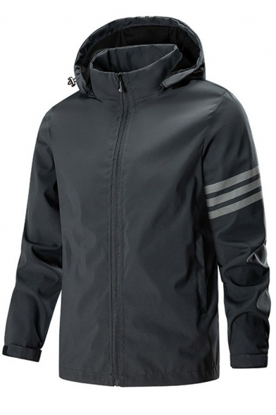 Trendy Mens Coat Contrast Stripe Long Sleeve Hooded Regular Fit Pocket Zip Placket Jacket