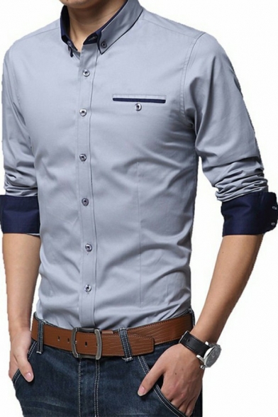 Unique Men Shirt Pure Color Long Sleeves Turn-down Collar Slimming Button Fly Shirt
