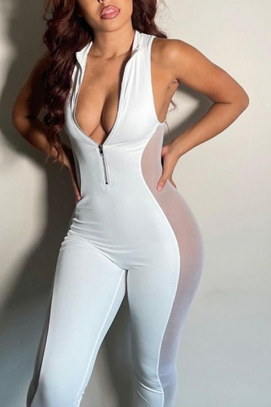 Unique Womens V Neck Jumpsuits Zipper Down Sheer Mesh Patchwork Sleeveless Slim Fitted Jumpsuits