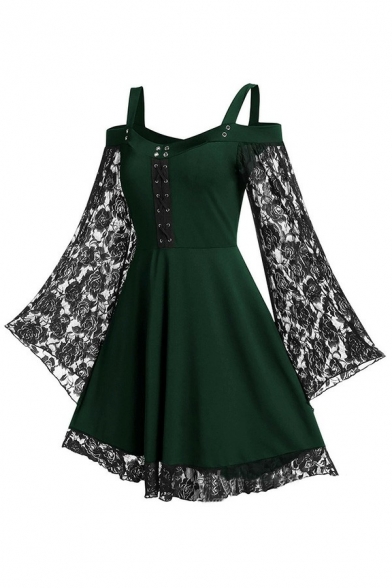 Vintage Womens Plus A-Line Dress Solid Color Lace Patchwork Cold Shoulder Flare Sleeve Mini Dress