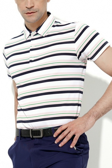 Casual Mens Polo Shirt Stripe Pattern Button Detail Turn-down Collar Regular Fit Polo Shirt