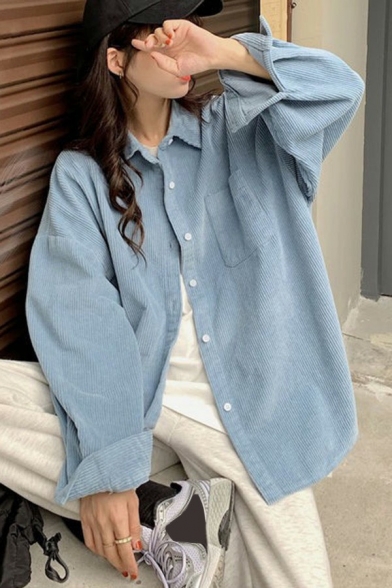 Casual Womens Corduroy Shirt Turn Down Collar Smile Face Print Button Up Long Sleeve Loose Fit Shirt