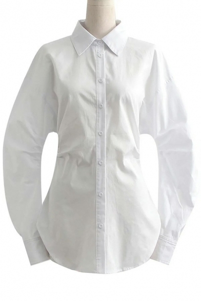 Classic Womens White Shirt Button Up Solid Color Lapel Collar Curved Hem Long Sleeve Tunics Shirt