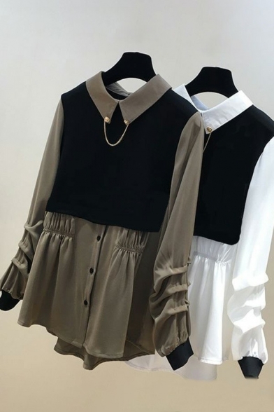 Elegant Ladies Blouses Contrast Color Faux Twinset Lapel Collar Long Puff Sleeve Sashes Shirt