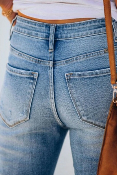 Elegant Ladies Jeans Midwash Blue Zip Fly High Waist Bootcut Pants