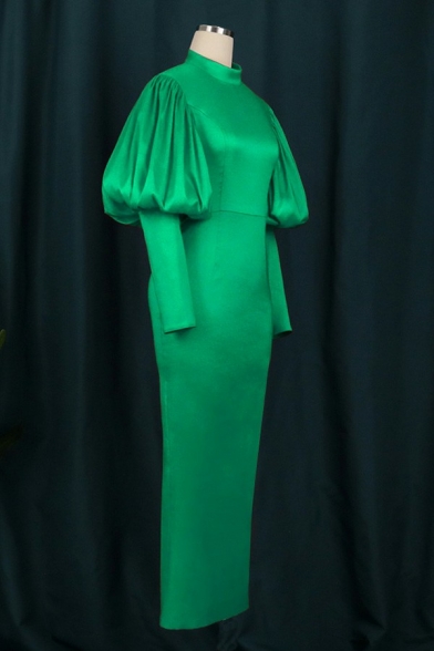 Elegant Womens Dress Solid Mock Neck Long Puff Sleeve Sashes Split Hem Maxi Pencil Dress