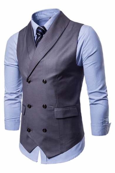 Men Hot Suit Vest Solid Color Pocket Sleeveless Skinny V-Neck Double Breasted Suit Vest