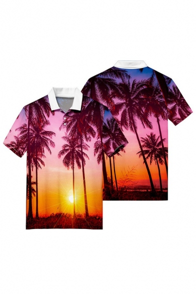 Men Novelty Polo Shirt 3D Tropical Print Spread Collar Short Sleeve Relaxed Polo Shirt